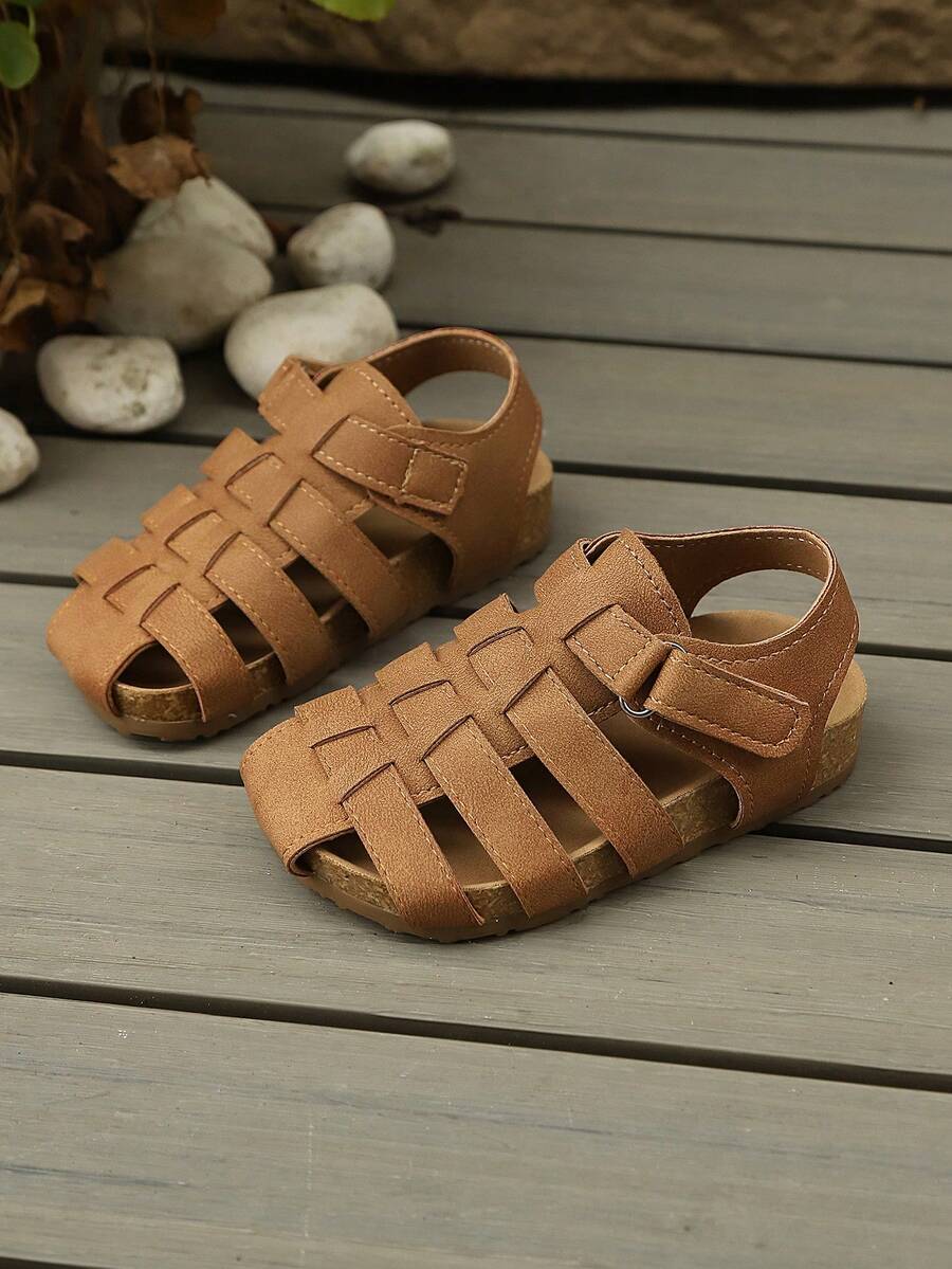 Kids' Solid Color Woven Non-Slip Soft Bottom Hook And Loop Retro Fashion Sandals, Suitable For Beach Play In Summer - Brown - View 1