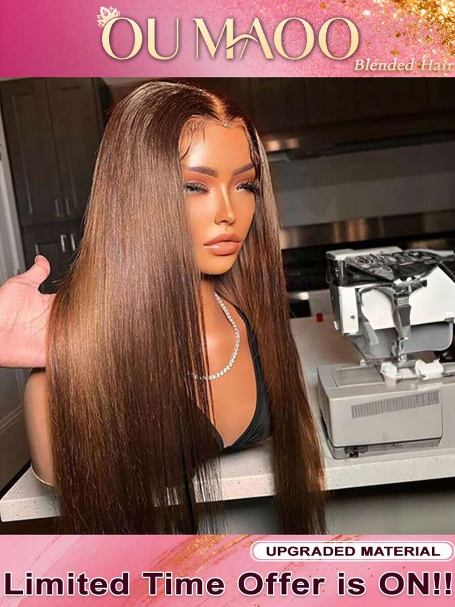 34Inch Straight Wig Human Blended Hair - 13x6 13x4 5x5 HD Transparent Lace Front Human Blended Hair, 200% Density Pre-Plucked Glueless Wig, Chocolate Brown & No Glue Needed, Ready-To-Wear For A Chic, Natural Look - Brown - View 1