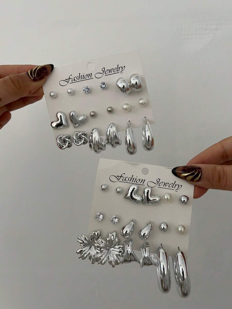 18 piezas Conjunto de aretes asimétricos con corazón de perla falsa en estilo minimalista, adecuado para citas, vacaciones, uso diario, regalo de fiesta para mujeres