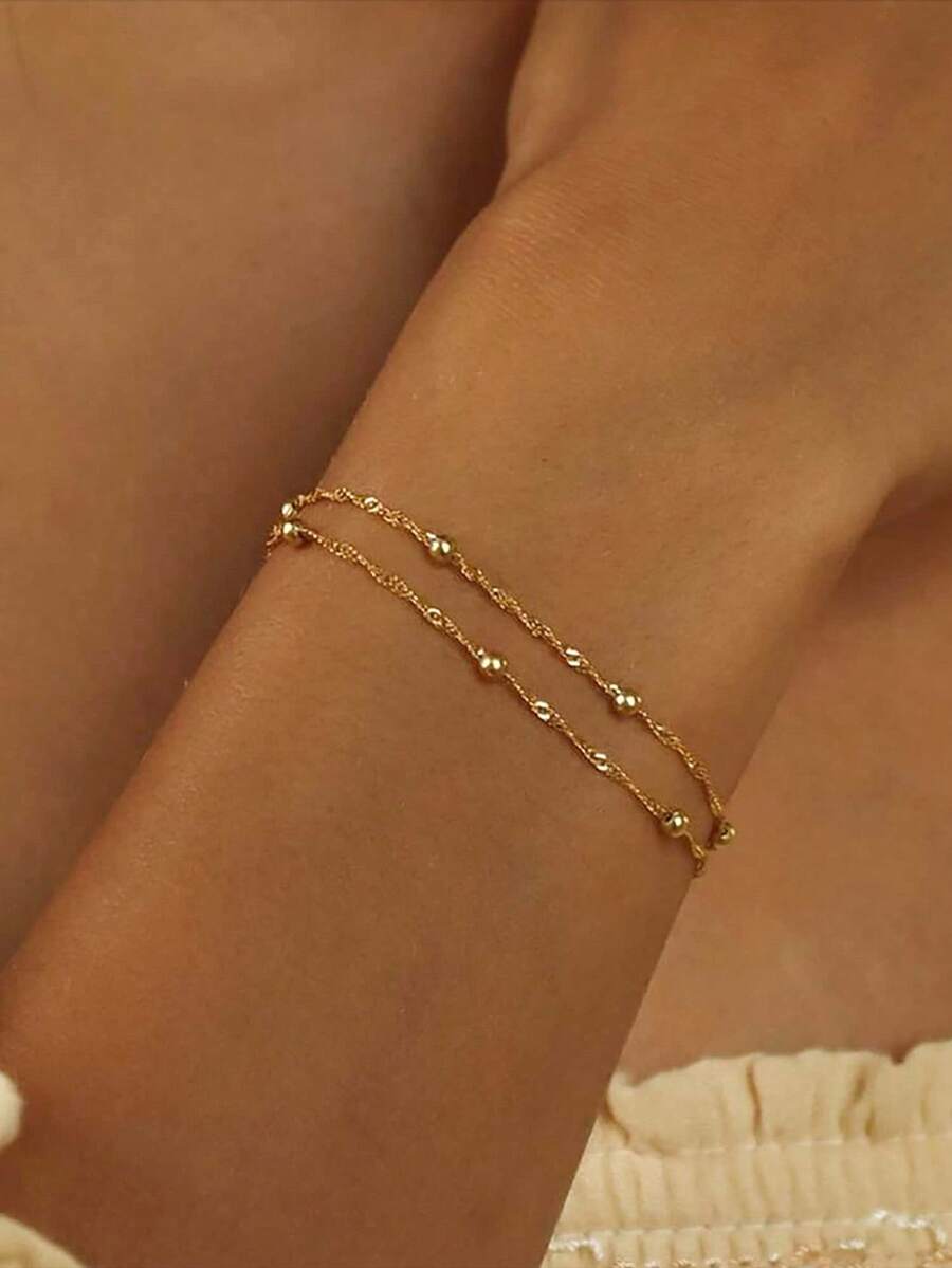 1pc Minimalist Women Bracelet, Double Layer Metal Wave Chain Copper Bead Bracelet (Random Bead Quantity) - W-s110 Bracelet - View 1