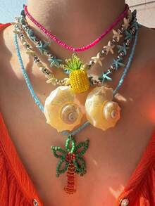 1pc Handmade Beaded Necklace With Coconut Tree, Pineapple, Starfish Pendants In Pink & Green, Colorful Y2K Minimalist Personalized Beach Jewelry - Multicolor - View 2