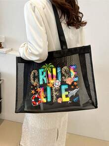 Large Capacity Mesh Bag Set, Featuring Colorful "Cruise Life" Lettering, Leopard Print Accents, Cute Beach Scenes, Dolphin And Seashell Patterns With Wavy Texture, Mesh Beach Tote Bag, Mesh Makeup Organizer Bag, Foldable Large Capacity Beach Bag Waterproof And Sandproof, Letter Decorated Mesh Beach Tote, Suitable For Commuting, Shopping, Vacation And Daily Casual Use, Perfect Gift For Friends - Multicolor - View 3