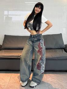 1pc Women's Loose Fit Embroidered Wide Leg Jeans, Comfortable Casual High Street Versatile Denim Pants (Belt/Accessories Not Included) Spring - Blue - View 9