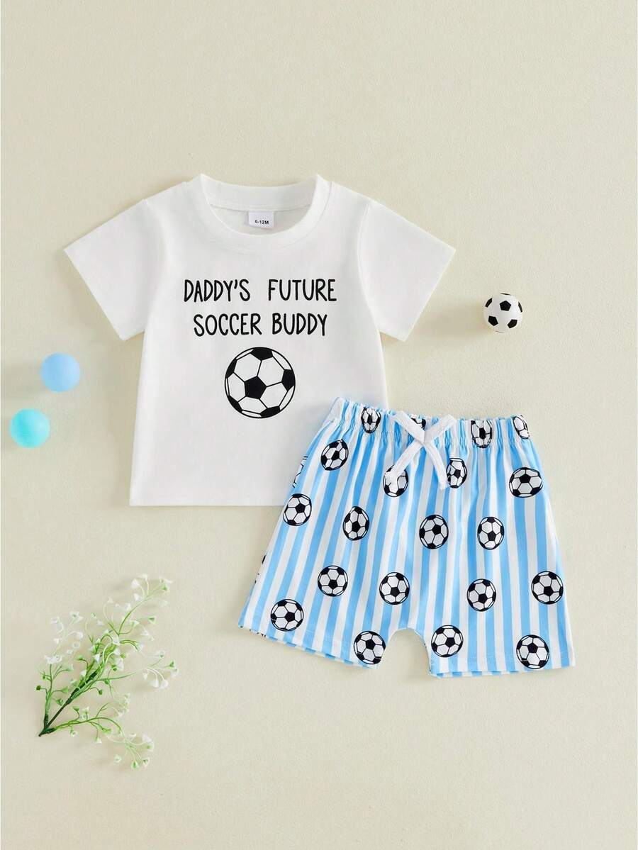 Baby Boy's Summer Outfit Football Soccer Sport Themed Clothes Short Sleeve Letter Print T-Shirt Novelty Cartoon Shorts 2Pcs Playwear Set - 爸爸未來的足球夥伴 - 查看 1