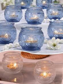 6pcs Blue Glass Candle Holders Set, Vintage Glass Candle Holders, Dining Table Centerpiece Decor Tea Light Candle Holders, Wedding & Party Decoration Glass Candle Holder Set, Suitable For Party Decor, Tea Lights & Wedding Gifts - Jar Candlestick - View 3