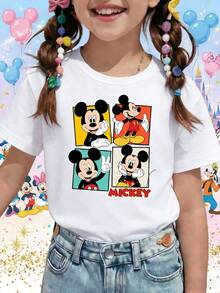 Disney Retro Mickey Mouse Pop Art Color Block 4-Panel Vintage Style Printed Pattern T-Shirts For Girls - Children's Clothing Design Short-Sleeved Casual And Cute Style Comfortable And Casual Wear All Year Round Suitable For Parties And Play Machine Washable Gift Children's Clothing Girls' Short-Sleeved Shirts - trắng - Xem 1