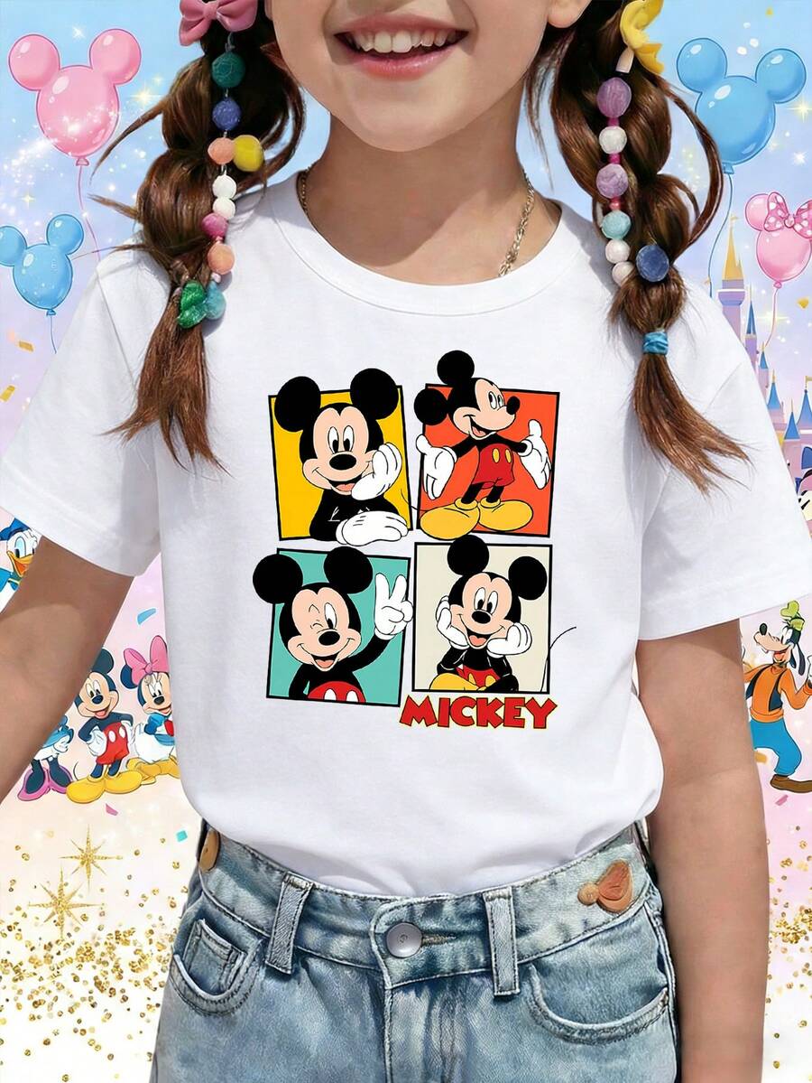 Disney Retro Mickey Mouse Pop Art Color Block 4-Panel Vintage Style Printed Pattern T-Shirts For Girls - Children's Clothing Design Short-Sleeved Casual And Cute Style Comfortable And Casual Wear All Year Round Suitable For Parties And Play Machine Washable Gift Children's Clothing Girls' Short-Sleeved Shirts - trắng - Xem 1