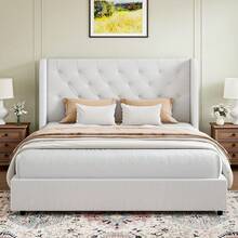 Full Bed Frame With Velvet Button-Tufted Headboard , Upholstered Bed Frames, Soft Fabric, Button Tufted Headboard With Windback, Platform Bed, Curved Wingback Design, Noise-Free, No Box Spring Needed,  Queen Bed Frame/ King Bed Frame/ Full Size Bed Frame/ Queen Size Bed Frame/ King Size Bed Frame,Pink/ White/ Grey - 白色 - 查看 6