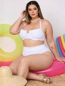 Plus Size Half Cup Bikini Set With High Waist And Adjustable Ties - Ana Ruga Women's - White - View 2