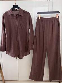 Linen Shirt And Pants Set (2 Pieces), Lined With Elastic. - 紫紅色 - 查看 3