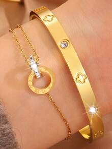 Camhanno 两件套不锈钢手链，适合女性日常佩戴，欧美风格精致心形手链，生日、婚礼、情人节礼物。 - 金色 - 查看 3