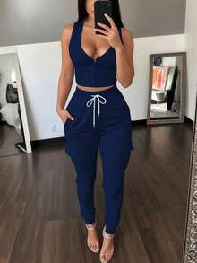 Conjunto de 2 piezas de top sin mangas de unicolor casual de verano y pantalones largos con bolsillo y cintura elástica para mujer - azul real - Ver 4