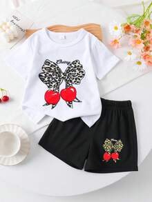 Bộ 2 món cho bé gái mùa hè, gồm áo thun cổ tròn in hình bướm và quả anh đào + quần short, trang phục thường ngày đi nghỉ mát và đi học, cỡ 4-7 tuổi. - Đen và trắng - Xem 1