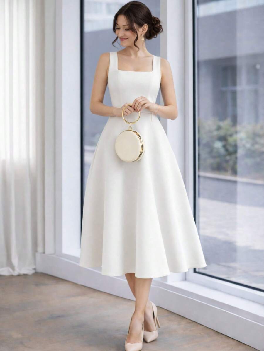 Sophisticated Midi Dress With Perfect Cut | A-Line Silhouette - 白色 - 查看 1