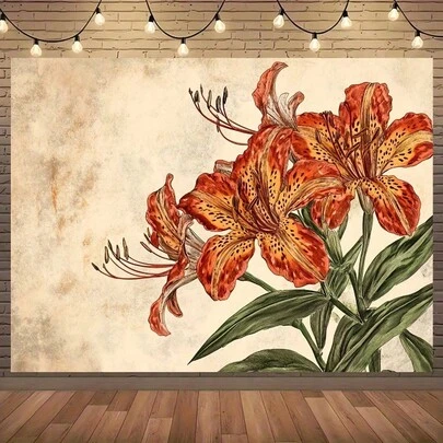 1 tấm thảm treo tường phong cách Bohemian với họa tiết hoa ly màu cam rực rỡ và lá xanh - Tranh minh họa thực vật cổ điển, chất liệu polyester, phù hợp cho phòng khách, phòng ngủ và văn phòng. Một vật trang trí nhà cửa thanh lịch, hoàn hảo cho tranh treo tường phòng ngủ | Nghệ thuật thực vật cổ điển | Thảm treo tường hoa bằng polyester.