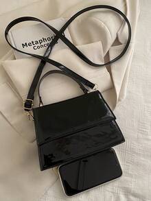 1pc New Fashionable Solid Color Textured PU Leather Flap Square Handbag, Minimalist Western Style Versatile Commuter Elegant Shoulder Bag With Detachable Adjustable Strap - Black - View 8