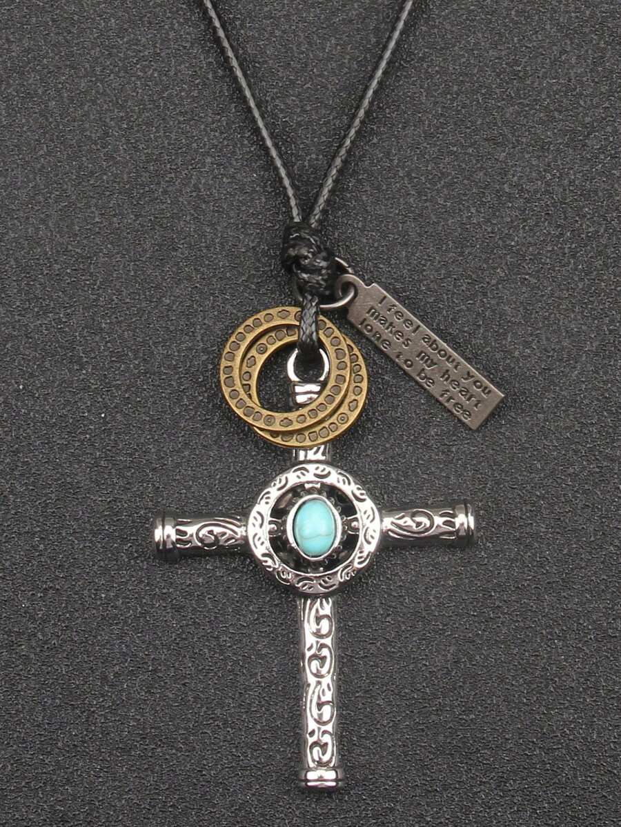1 pieza Collar largo con colgante de cruz minimalista y retro, collar de cruz de aleación y turquesa con estilo vaquero occidental unisex, adecuado para meditación y uso diario, empaquetado en caja de regalo - Cuerda de cera - Ver 1