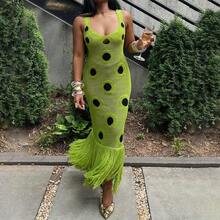 Fashionable, Fresh And Feminine Style, Slim Fit And Slimming Party, Street Vacation, Sexy Hip Hugging Knitted Dress, Black Polka Dot Skirt, Tassel Long Dress - 綠色 - 查看 5