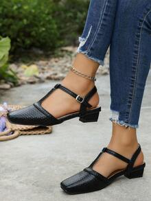 经典复古纯色搭扣PU皮鞋，适合海滩、婚礼、派对、办公室、室内外场合，春夏皆宜。 - 黑色 - 查看 5