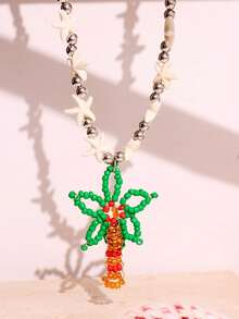 1pc Handmade Beaded Necklace With Coconut Tree, Pineapple, Starfish Pendants In Pink & Green, Colorful Y2K Minimalist Personalized Beach Jewelry - Multicolor - View 8
