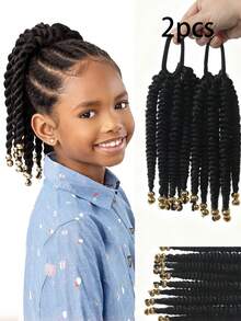 1 pieza/2 piezas Peluca con coleta corta y rizada de 8 pulgadas, decorada con cuentas doradas o plateadas, fibra sintética resistente al calor, adecuada para niñas/niños - Negro - Ver 11