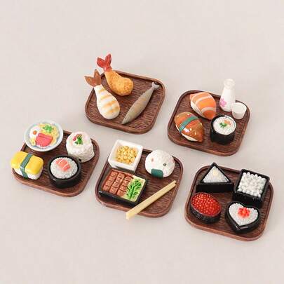 5-Piece Mini Simulation Japanese Food Decorations Sushi Model Cartoon Cute Tray Chopstick Ornament DIY Scene Decoration Accessories
