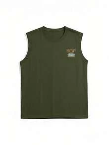 Coastal | Men's Lightweight Summer Vacation Palm Tree Letter Print Crew Neck Casual Tank Top - Army Green - View 5