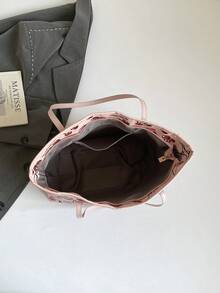 1pc Pink Metal Rivet Decor Large Capacity Cherry PU Tote Bag, Women Shoulder Bag For Winter - Pink - View 5