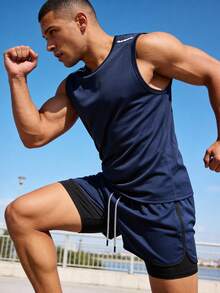 2pcs/Set Men Sports Casual 2 In 1 Sweatpants, Sleeveless T-Shirt Top, Running, Fitness, Training Suit Pants, Outdoor Training Vest Sleeveless Top - 藏蓝色 - 查看 5