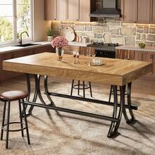 LITTLE TREE 160cm Tall Rectangular Bar Pub Table, Industrial Counter Height Table With Metal Footrest, Freestanding Rustic Brown For Kitchen Home Bar Entertainment - Camel - View 4
