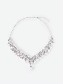 Opalesca 1set Elegant Pearl Necklace & Earrings Set For Brides With Alloy, Rhinestone & Pearls, European And American Style - White - View 3