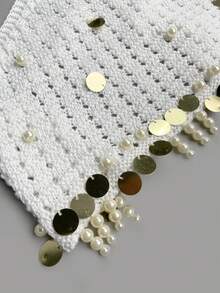 女士镂空性感露背挂脖无袖串珠亮片流苏设计波西米亚风沙滩罩衫上衣，夏季 - 白色 - 查看 7