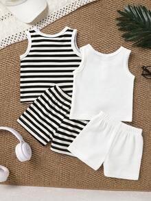 4pcs Set Cute Baby Boy Casual Soft Comfortable Cartoon Bear Embroidered Striped Knit Vest And Elastic Waist Sports Shorts - Multicolor - View 2