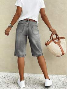 Pantalones cortos de mezclilla de pierna recta para mujer: de moda, sueltos y cómodos, shorts versátiles de pierna ancha de longitud media - Gris Claro - Ver 4