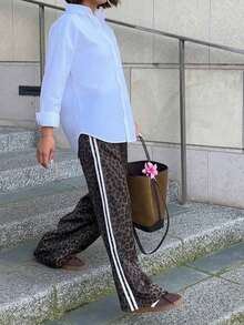 Petite Sexy Leopard Print Loose Women's Pants, Suitable For Travel And Casual Daily Wear, Elastic Waistband, Side Stripe Patchwork Wide Leg Trousers Spring - Brown - View 2