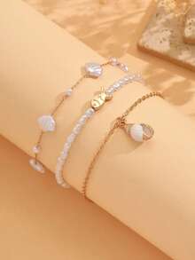Set de 3 piezas Estilo océano de verano Colgante de tobillera con perlas falsas, pequeños peces de metal y conchas marinas, Joyería de cadena hecha a mano con perlas falsas y conchas, Adecuado para uso diario y viajes a la playa - Multicolor - Ver 3