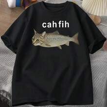 Cah Fih T-Shirt Fih Funny Mispelled Fish Meme T Shirt Cat And Fish Graphic Humor Tshirt Casual Short Sleeve Clothes Graphic Y2K - 黑色 - 查看 6