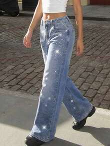 Y2K Style High Waist Wide Leg Rhinestone Embellished Distressed Vintage Wash Jeans For Women - Light Wash - View 6
