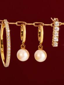 Bông tai ngọc trai vòng tròn mạ vàng 18K cao cấp, tối giản, làm theo yêu cầu, bằng bạc Sterling S925 sang trọng dành cho nữ. - khuyên tai ngọc trai - Xem 2