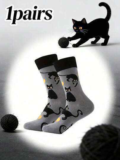 1 双黑猫警长卡通印花中筒袜 - 俏皮灰色，橙色点缀，柔软舒适的休闲袜，猫咪图案设计，秋季