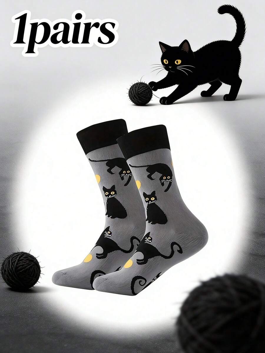 1 双黑猫警长卡通印花中筒袜 - 俏皮灰色，橙色点缀，柔软舒适的休闲袜，猫咪图案设计，秋季 - 彩色 - 查看 1