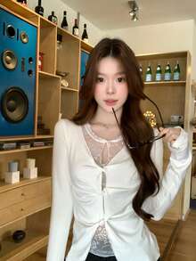 Áo nữ tay dài dáng ôm, viền ren, màu trắng, thích hợp mặc mùa xuân. - trắng - Xem 1