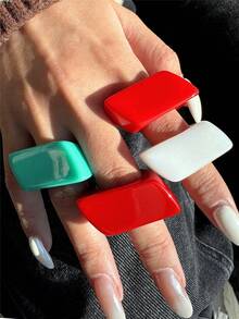 4pcs Colorful Geometric Asymmetrical Wide Resin Rings, Vintage Extra Large Ring Set, Suitable For Daily Wear, Vacation, Gift For Friends - Multicolor - View 6