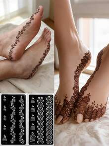 2 miếng dán hình xăm hoa rỗng, miếng dán tạo hình bàn chân để vẽ nghệ thuật cơ thể tạm thời, khuôn mẫu vẽ màu, thích hợp cho các lễ hội và sự kiện, thiết kế Mehndi. - màu đen - Xem 2