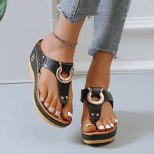Fashion Wedge Flip-Flops Shoe, Low-Wedge Women Orthopedic Sandals Casual Flat Shoes Flip Flops Ladies Anti-Slip,Comfortable Sandals In Multiple Colors, Durable And Non Slip Beach Shoes, Suitable For Shopping And Commuting - 黑色 - 查看 2