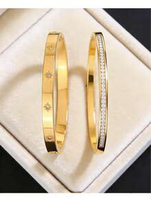 VceTd 1/2PCS Fashion Minimalist Style Stainless Steel Women's Bracelet With Glass Decor Tennis Chain Design, Suitable For Daily Wear Or Commuting - Yellow Gold - View 7