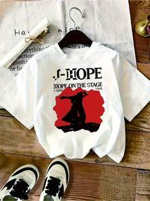 1 camiseta de moda para mujer, cuello redondo, estilo europeo y americano, primavera-verano, blanca, estampado de la gira de J-Hope, moderna y versátil, ideal para fans, regalo de cumpleaños o vacaciones, casual, cómoda, uso diario, diseño sencillo - Blanco - Ver 2