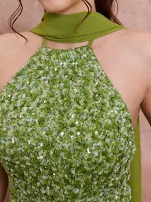 魔幻绿吊带亮片雪纺连衣裙，优雅女士夏季舞会礼服及伴娘晚礼服，露背设计，适合派对和假日穿着 - 綠色 - 查看 7