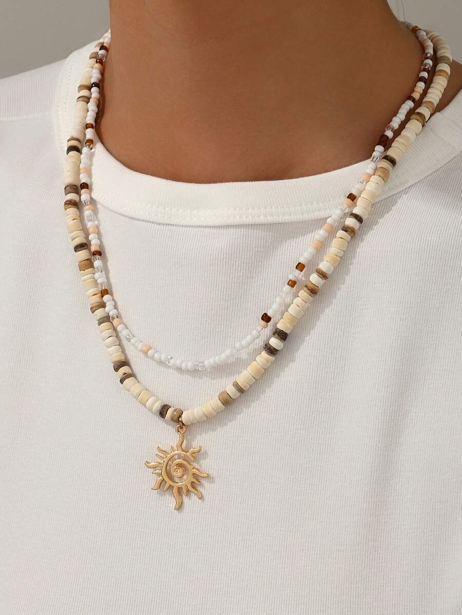2pcs/Set Fashionable Coconut Shell & Seed Bead Mixed Color Necklace With Sun Pendant, Layered Choker Necklace For Men, Suitable For Daily Wear And Party, Also Can Be Worn As Couples Necklace - Gold - View 1