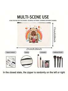 2D Cartoon Hamster Drinking Bubble Tea Retro Print Cosmetic Bag, Toiletry Bag, Travel Bag, Zipper Closure, Fashion Gift, Best Gift For Girlfriend/Sisters, Portable Makeup Pouch Makeup Bag Make Up Organizer Makeup Storage Wash Bag Toiletry Travel Bag Vacation Essentials For Travel Gifts For Women - Multicolor - View 10